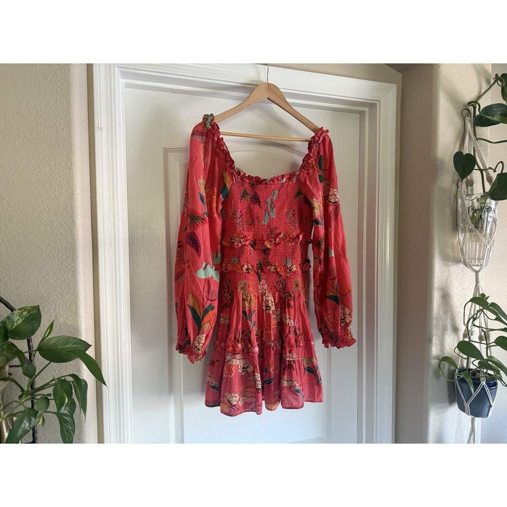Farm Rio Smocked Ruffle Mini Dress M Coral Tropical Floral Puff Sleeve - Picture 9 of 14